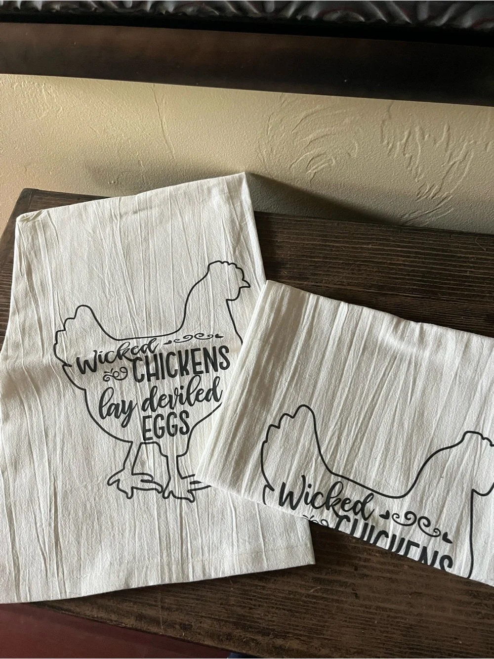 White Chicken Print Cotton Kitchen Towels.  Set of 2.